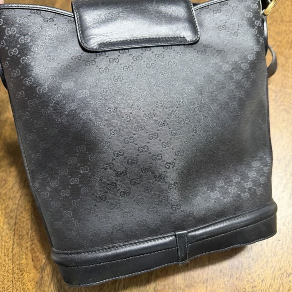 Vintage Gucci Horse Shoe Shoulder Bag Black Leather Canvas Monogram Authentic - Picture 11 of 16